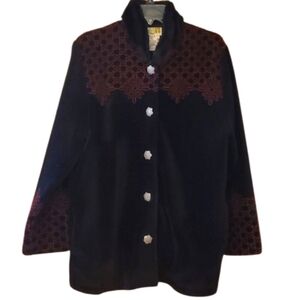 Duffel Outdoor Vintage Black Fuzzy Coat With Red Embroidered Geometric Designs‎